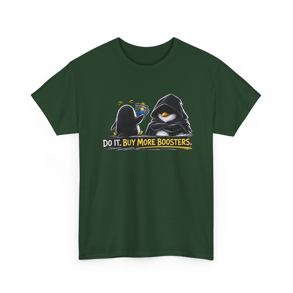Green t-shirt with graphic design of two characters and text 'Do it, Buy More Boosters' on a white background