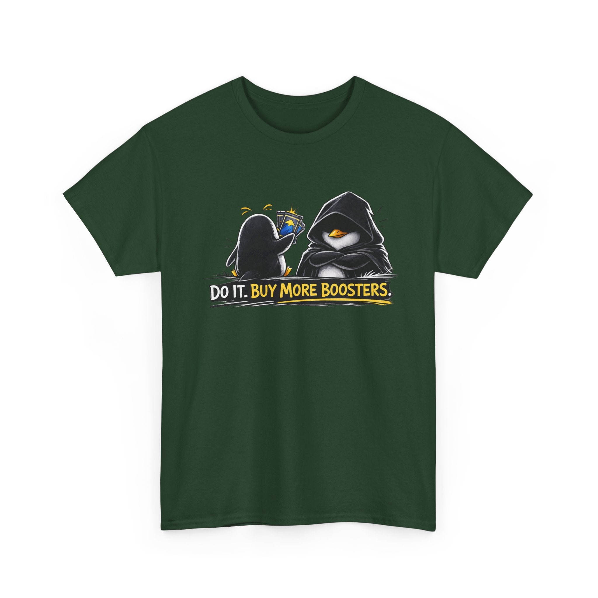 Green t-shirt with graphic design of two characters and text 'Do it, Buy More Boosters' on a white background