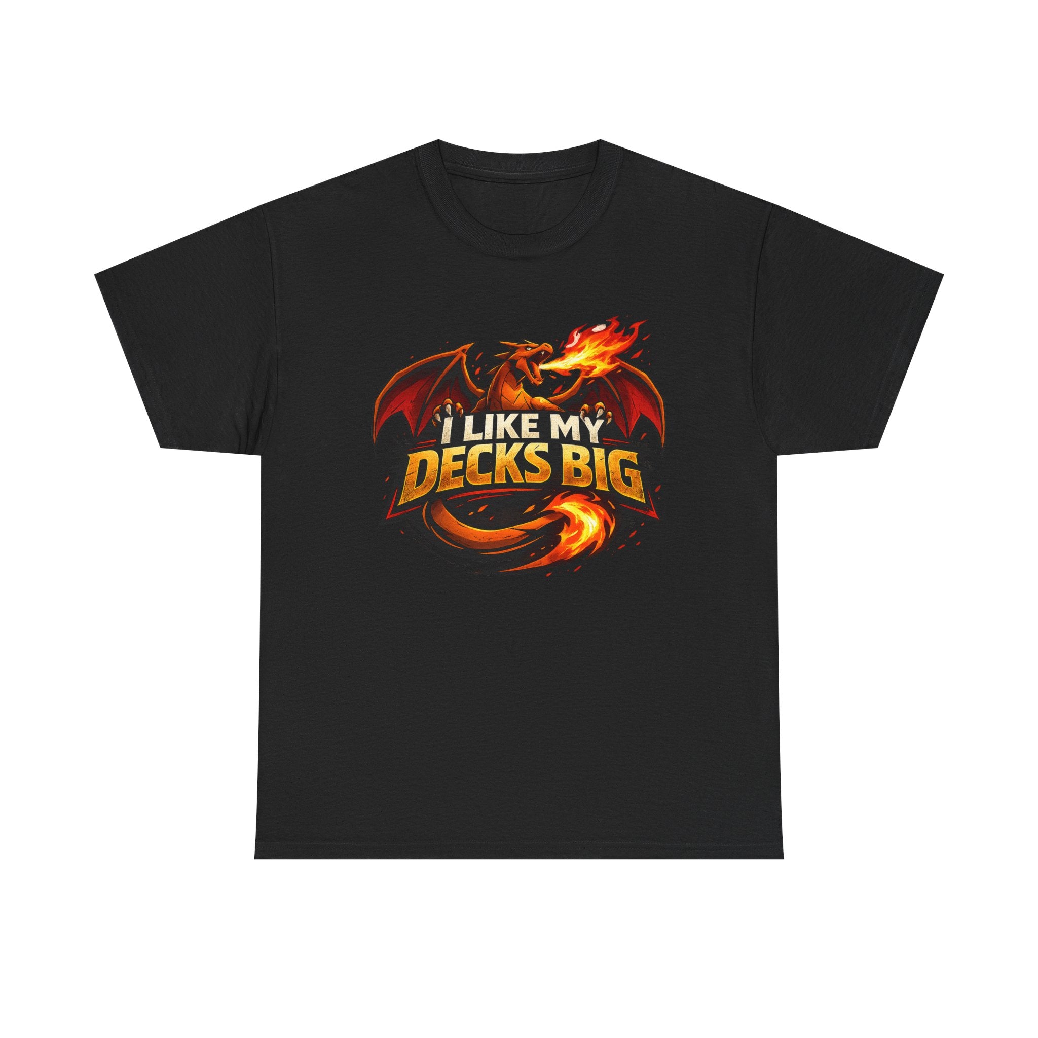 Black t-shirt with a dragon graphic and text 'I Like My Decks Big' on a white background