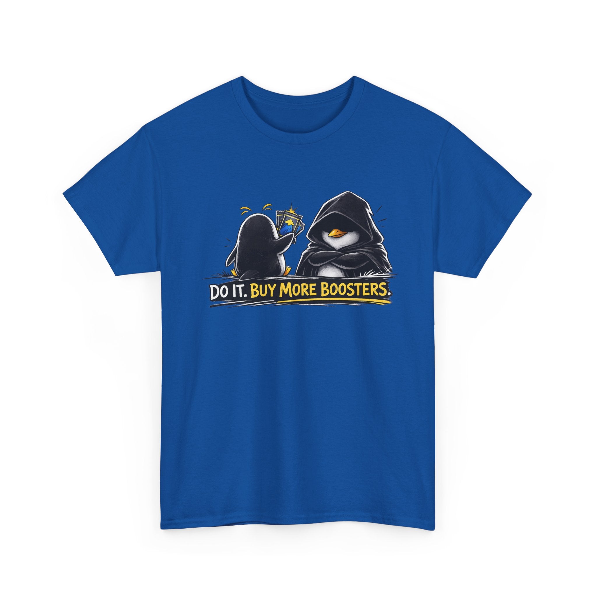 Blue t-shirt with graphic design and text on a white background