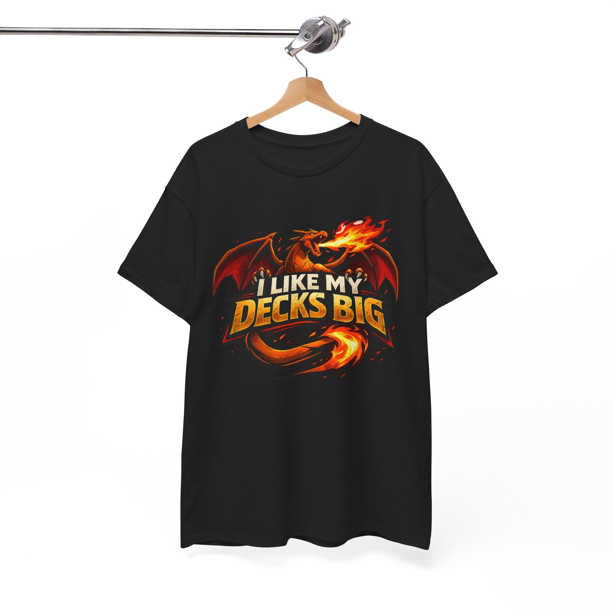 Black t-shirt with a dragon graphic and text on a hanger against a white background