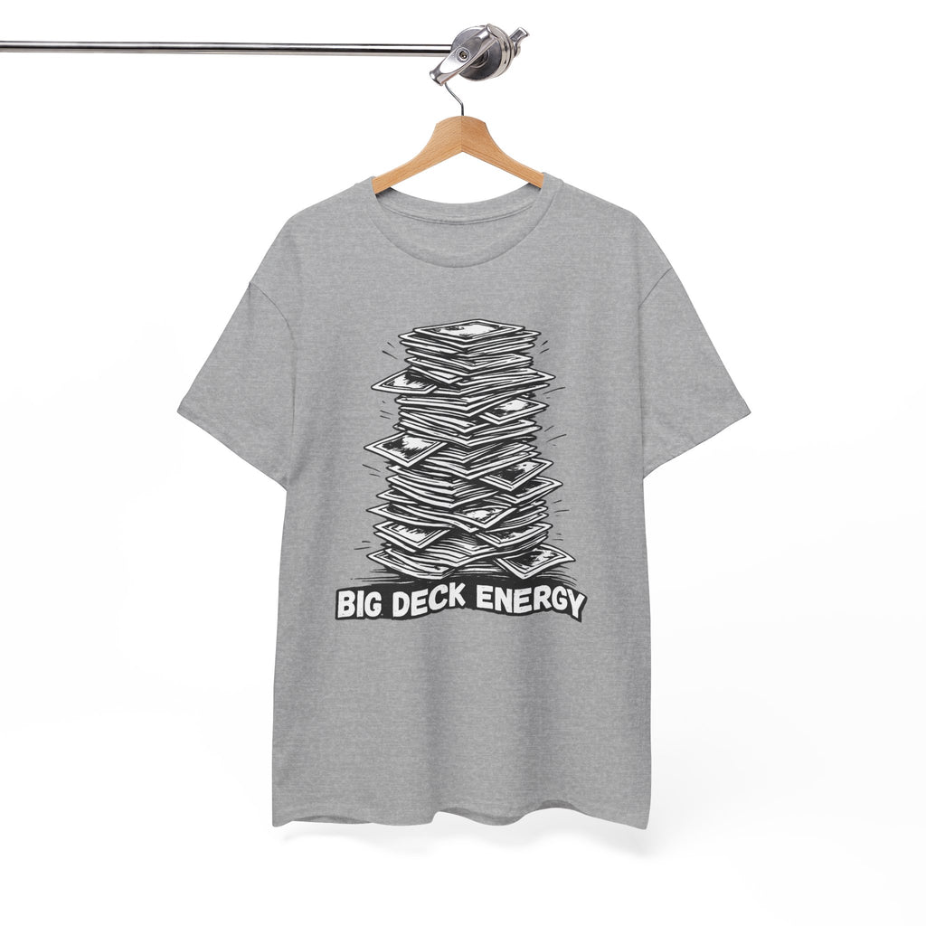 Beige t-shirt with graphic design and text on a hanger against a white background
