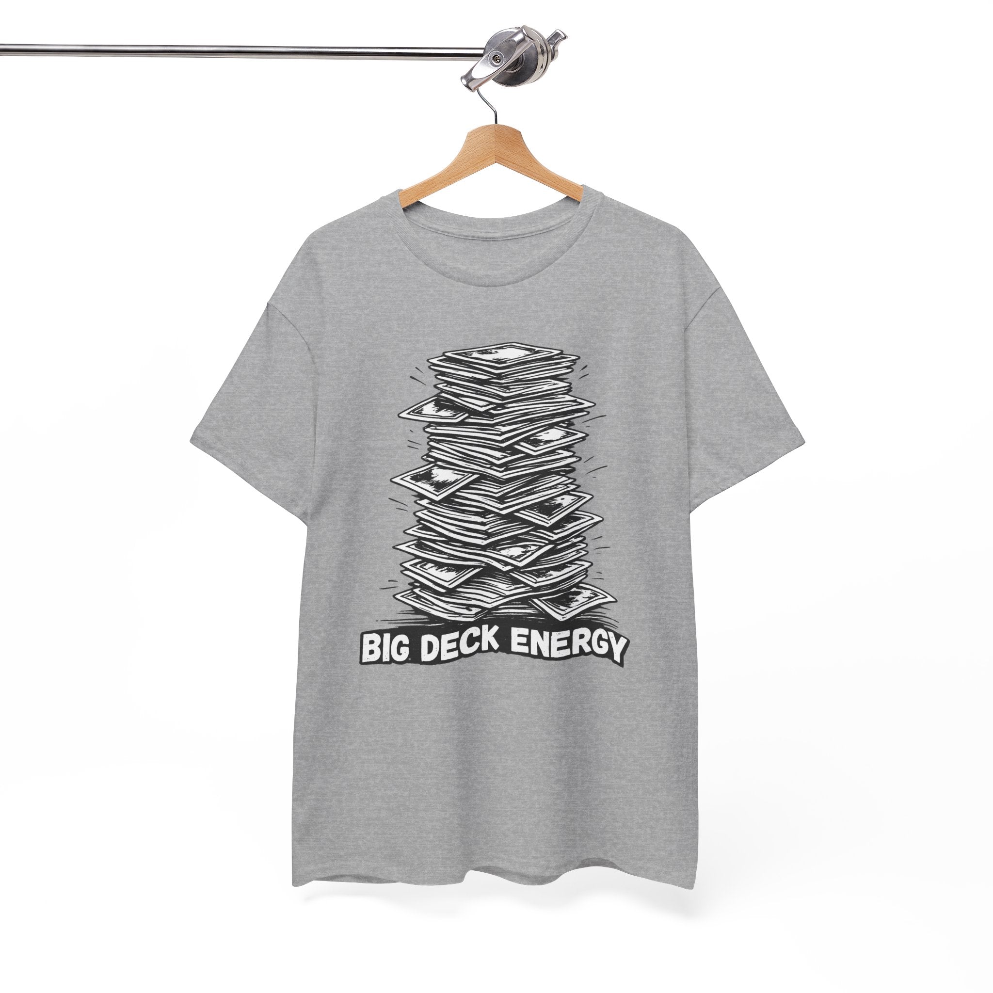 Beige t-shirt with graphic design and text on a hanger against a white background