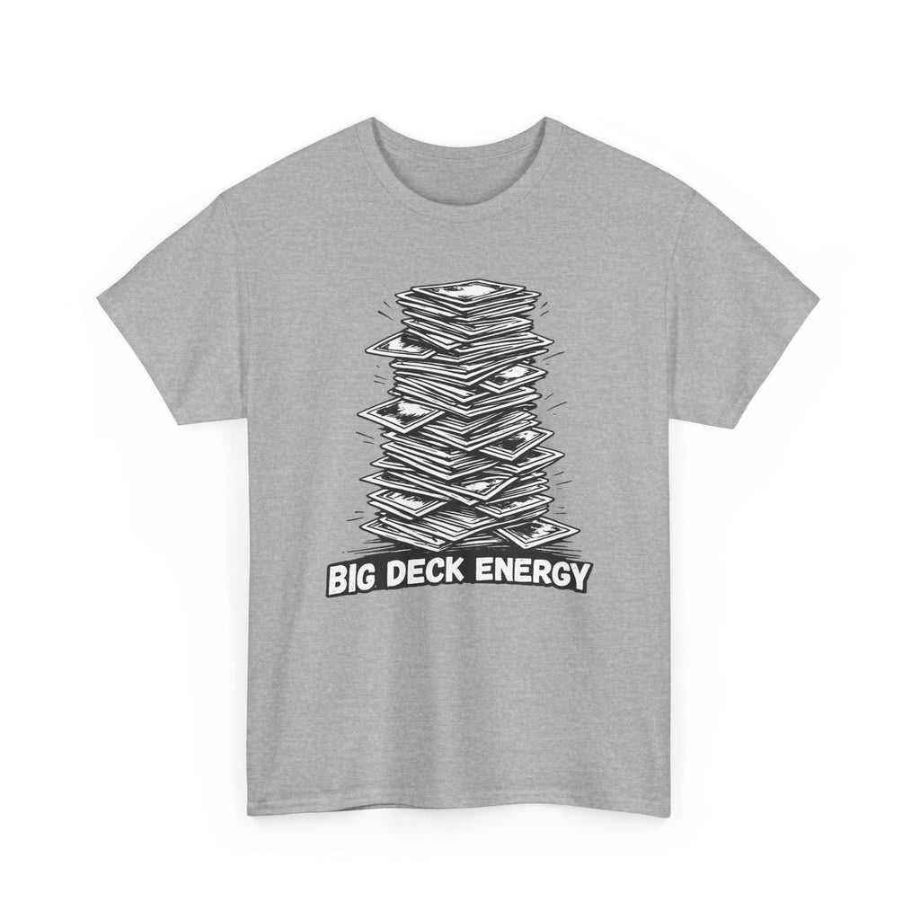 Gray t-shirt with a graphic design of playing cards and 'BIG DECK ENERGY' text on a white background