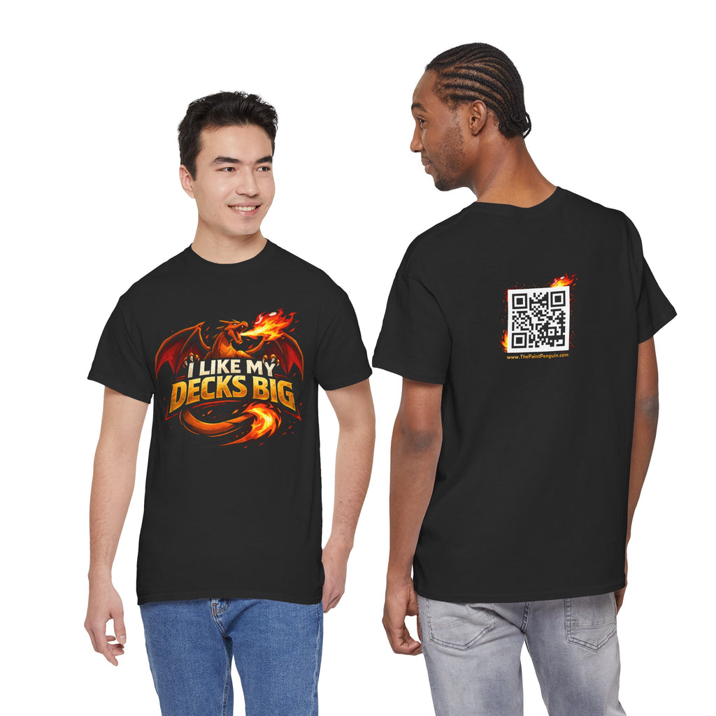 Black t-shirt with dragon graphic and text 'I Like My Decks Big' on front, QR code on back, worn by two models.