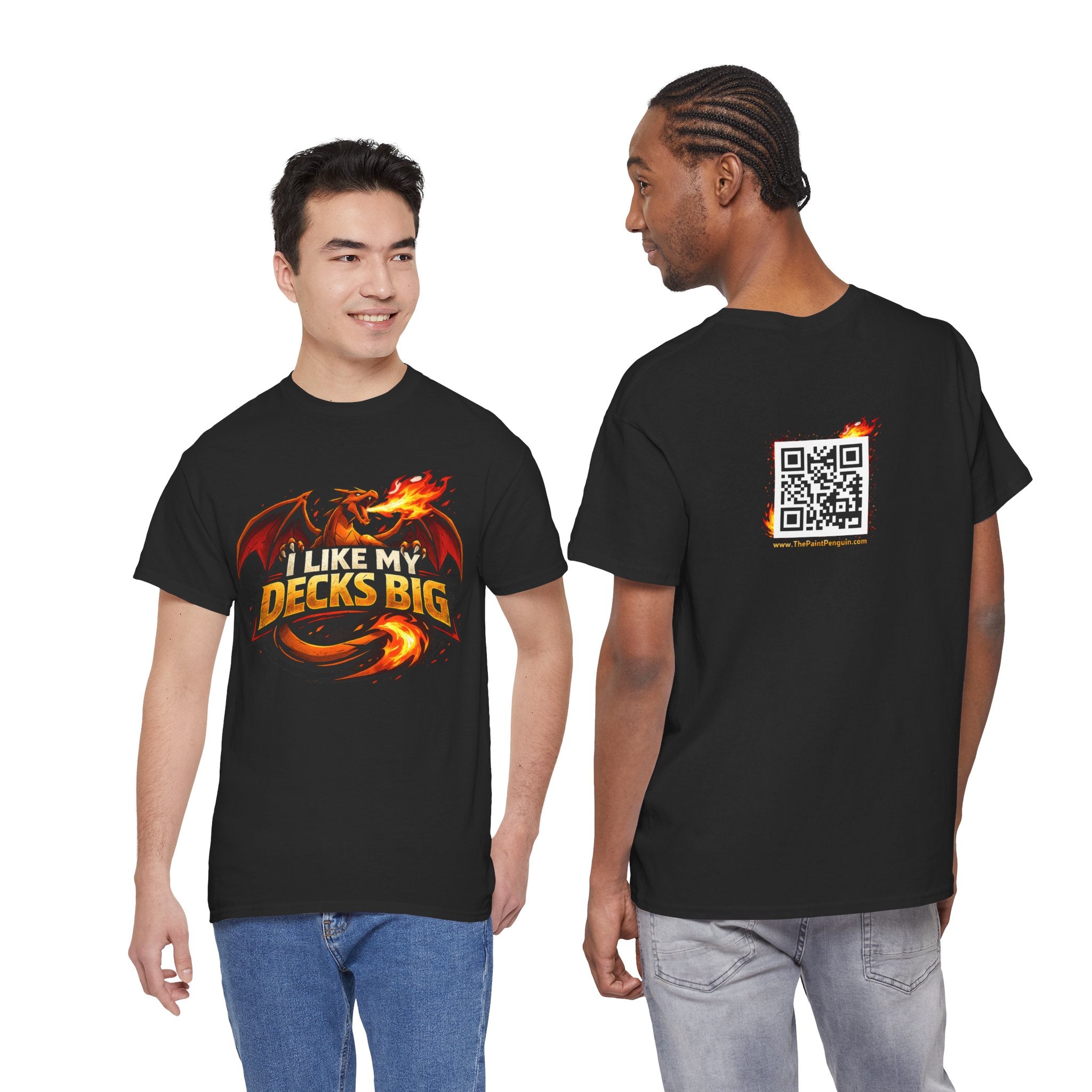 Black t-shirt with dragon graphic and text 'I Like My Decks Big' on front, QR code on back, worn by two models.