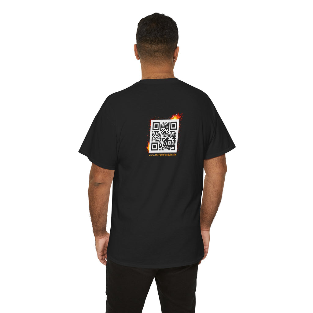 Person wearing a black t-shirt with a QR code on the back against a white background