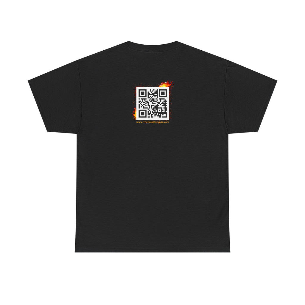 Black t-shirt with a QR code and flame design on the back against a white background