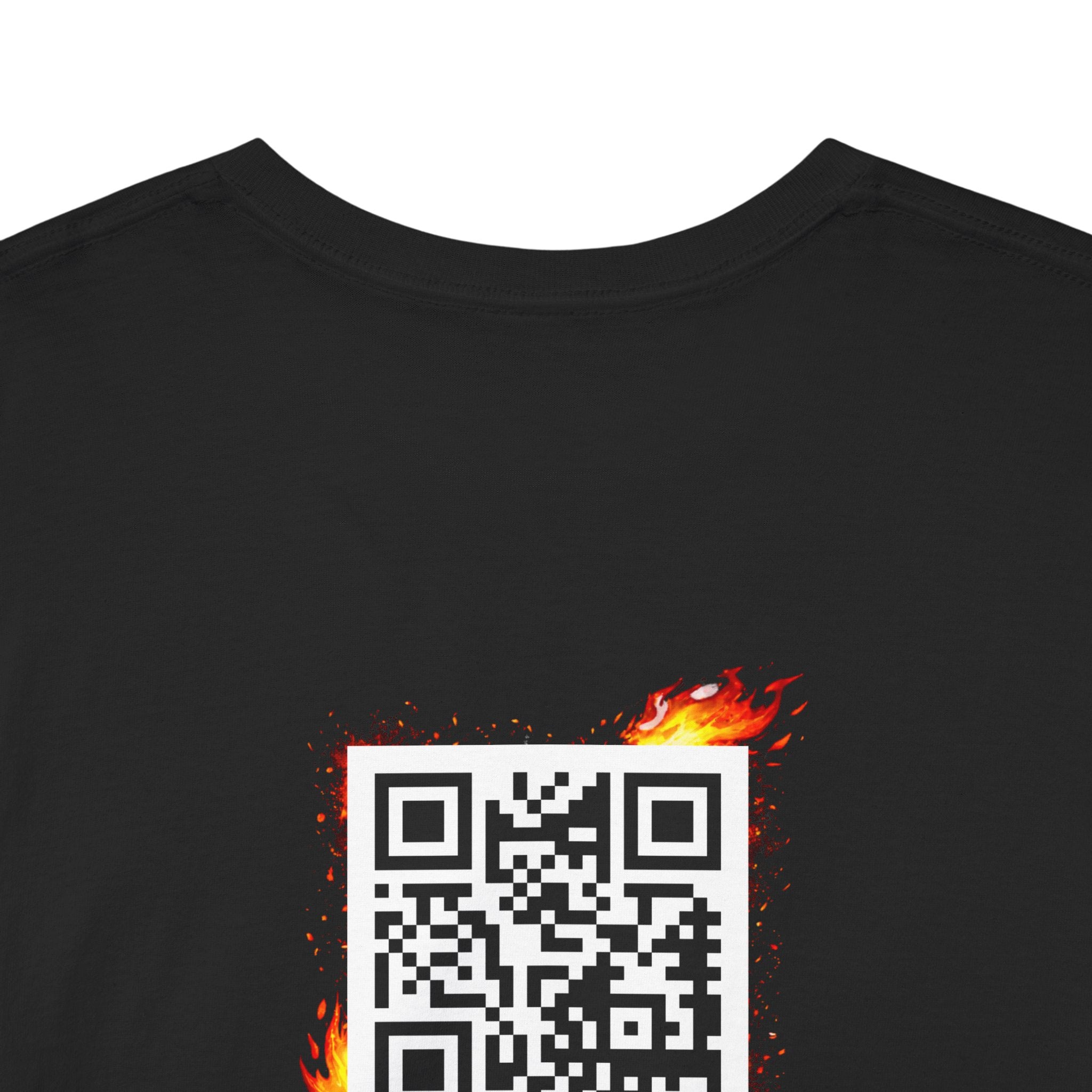 Black t-shirt with a QR code and flames design on a white background