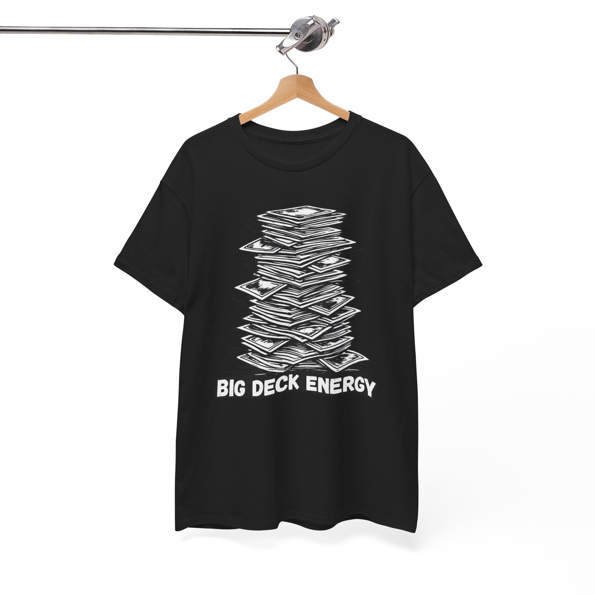 Black t-shirt with a graphic design and text 'BIG DECK ENERGY' on a white background