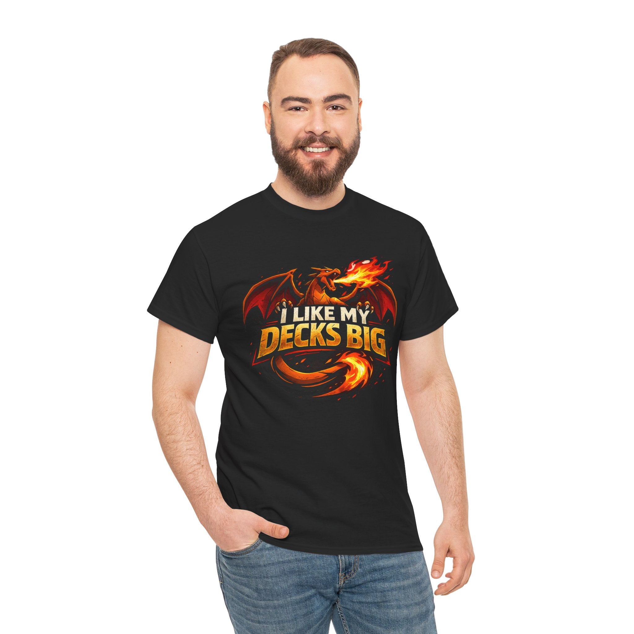 Man wearing a black t-shirt with a dragon graphic and text on a white background