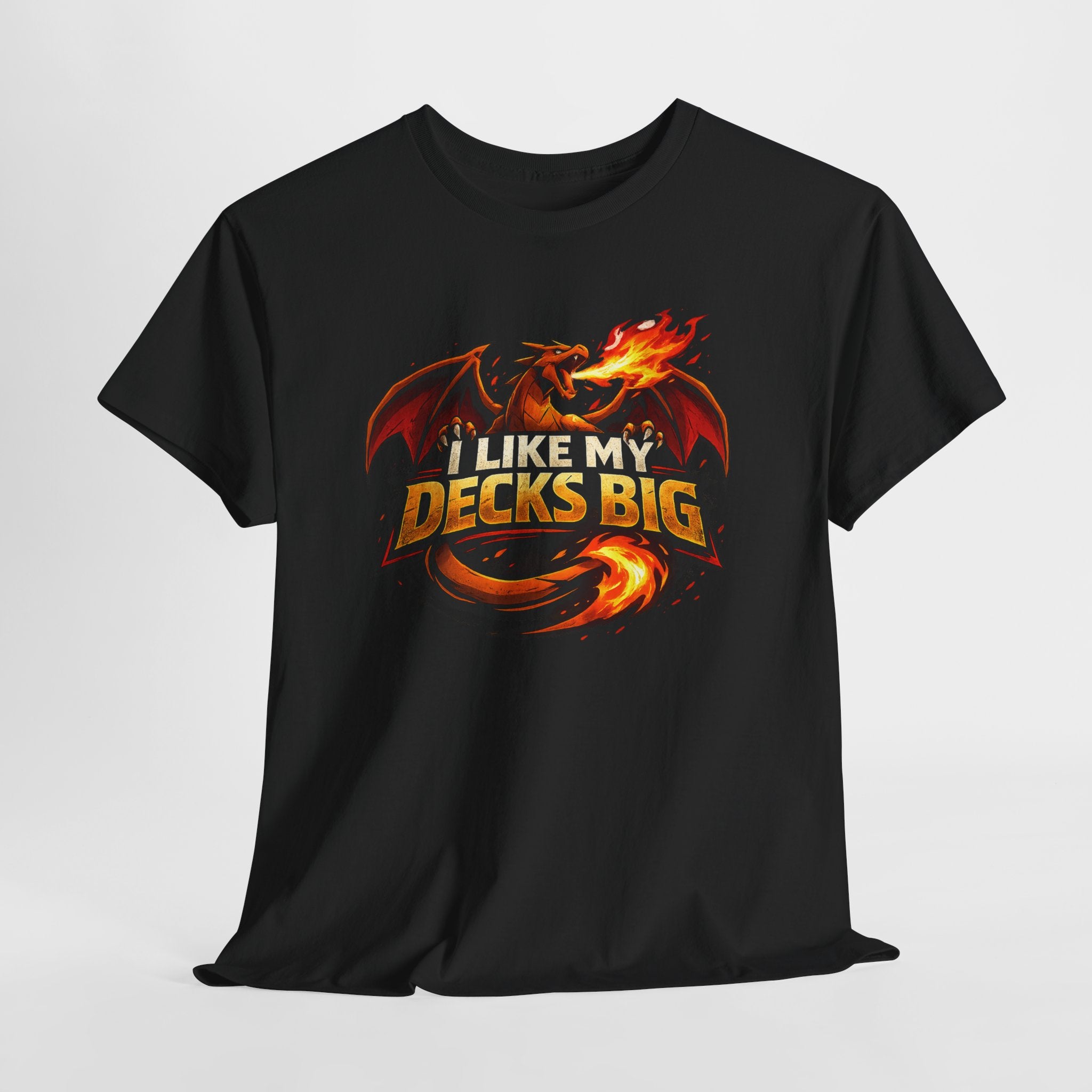 Black t-shirt with a dragon graphic and text on a white background