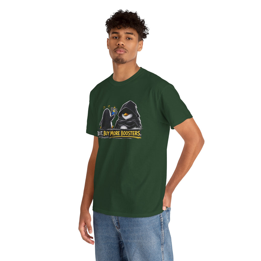 Man wearing a green t-shirt with printed on it against a white background