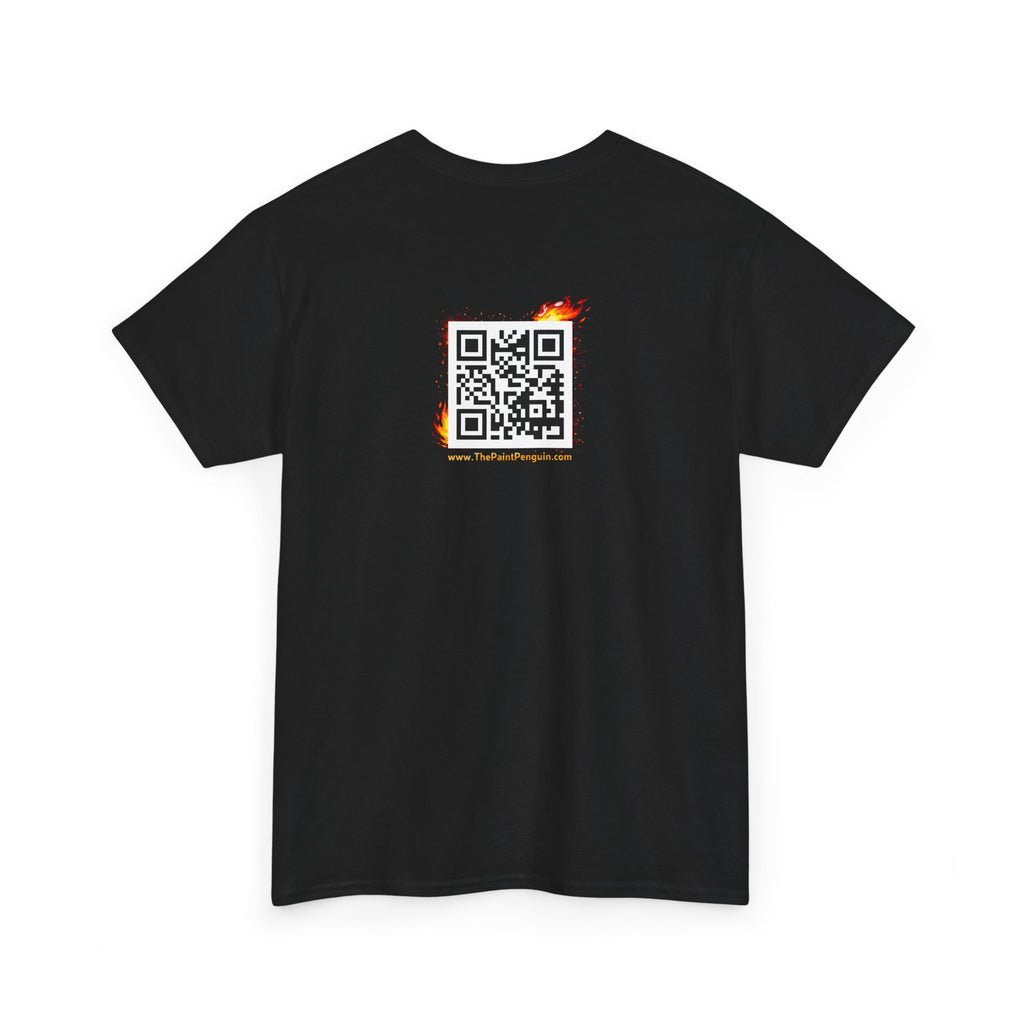 Black t-shirt with a QR code and flame design on the back against a white background