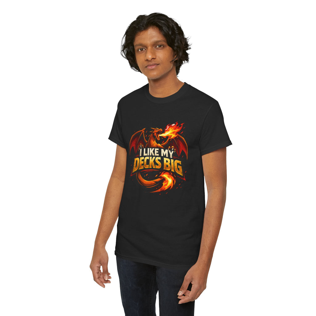 Person wearing a black t-shirt with a colorful graphic design on a white background
