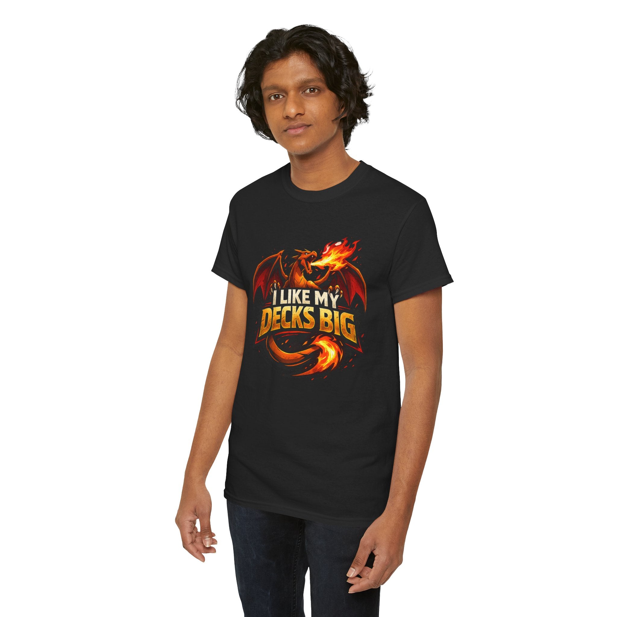 Person wearing a black t-shirt with a colorful graphic design on a white background