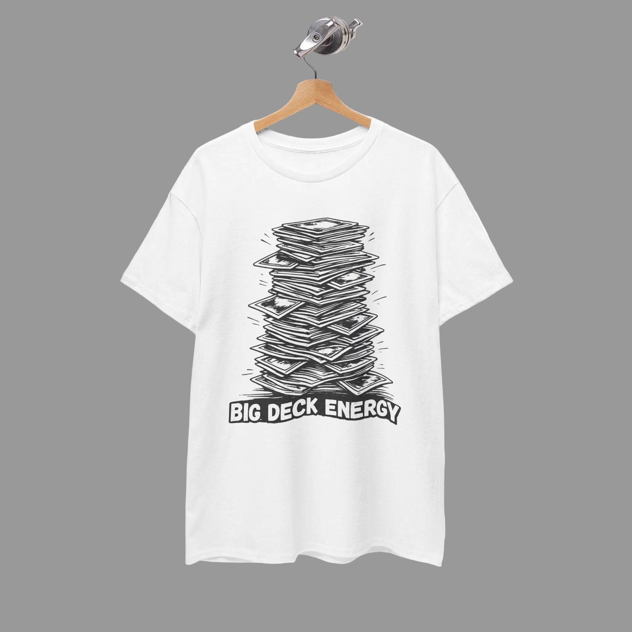 White t-shirt with a graphic design of a stack of cards and 'Big Deck Energy' text on a white background.