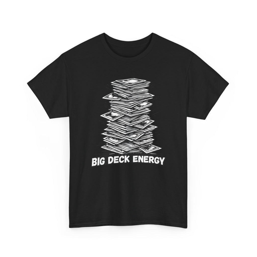Black t-shirt with a graphic design featuring a card figure and text on a white background
