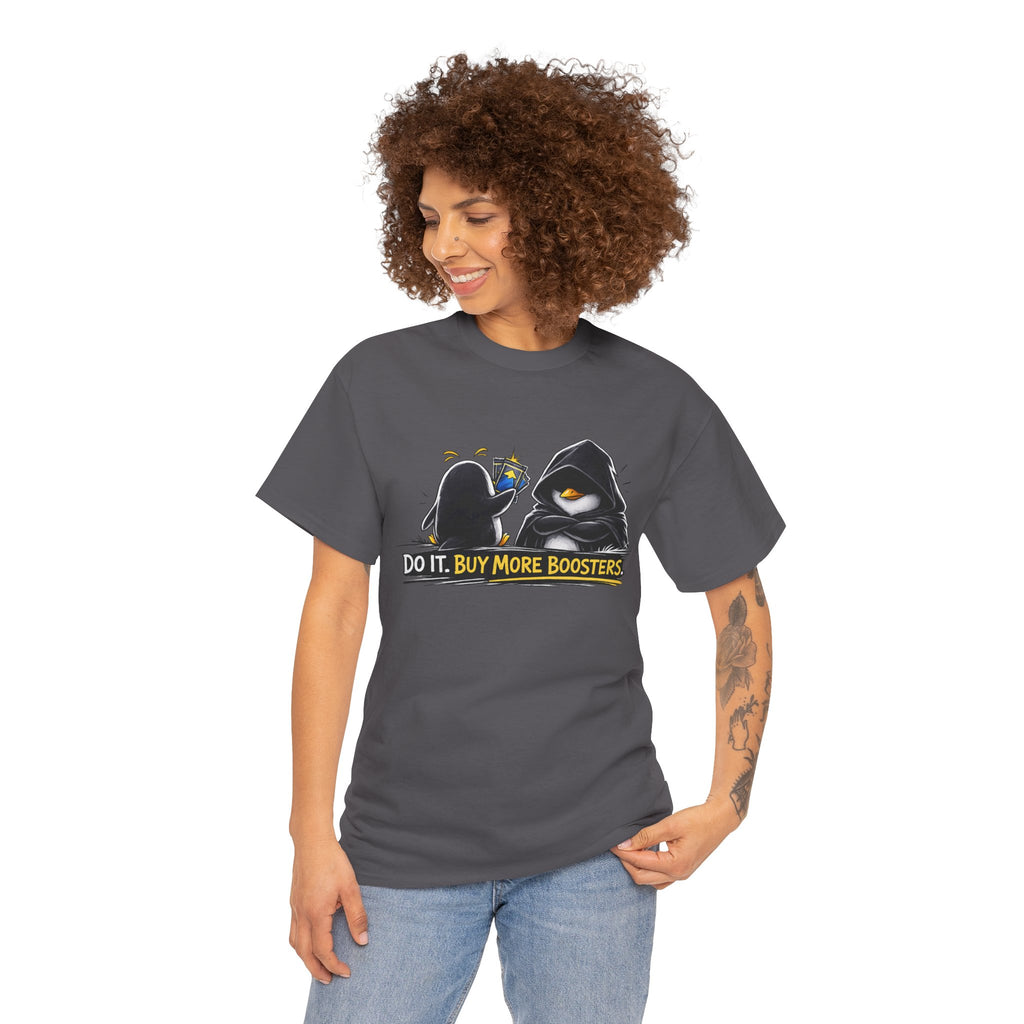 Woman wearing a gray t-shirt with red text design on a white background