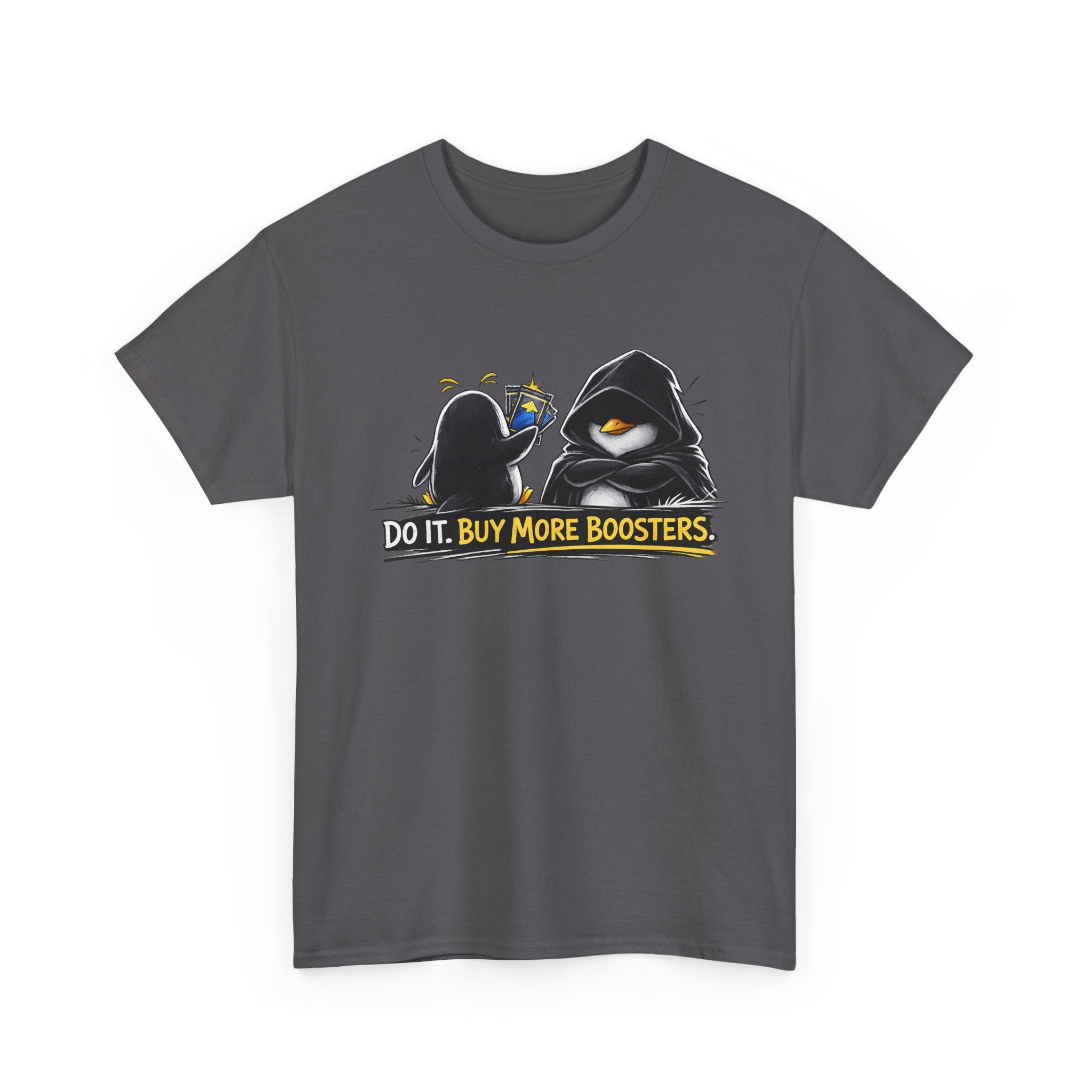 Gray t-shirt with graphic design of two characters and text 'Do it, Buy More Boosters' on a white background