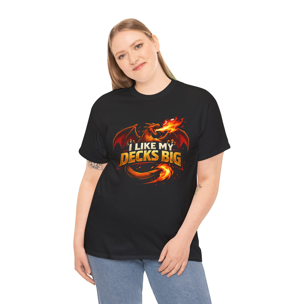 Person wearing a black t-shirt with colorful text design on a white background
