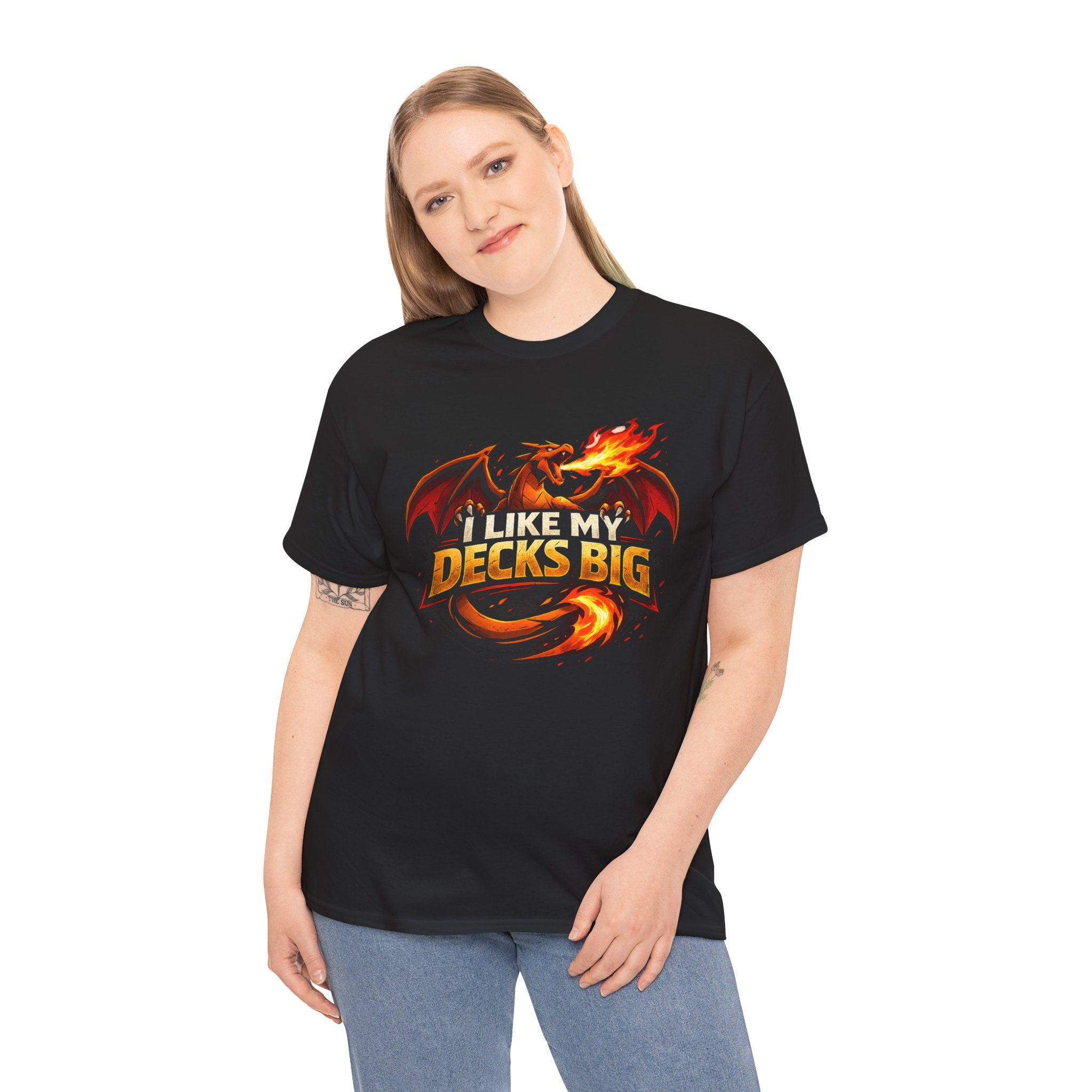 Person wearing a black t-shirt with colorful text design on a white background