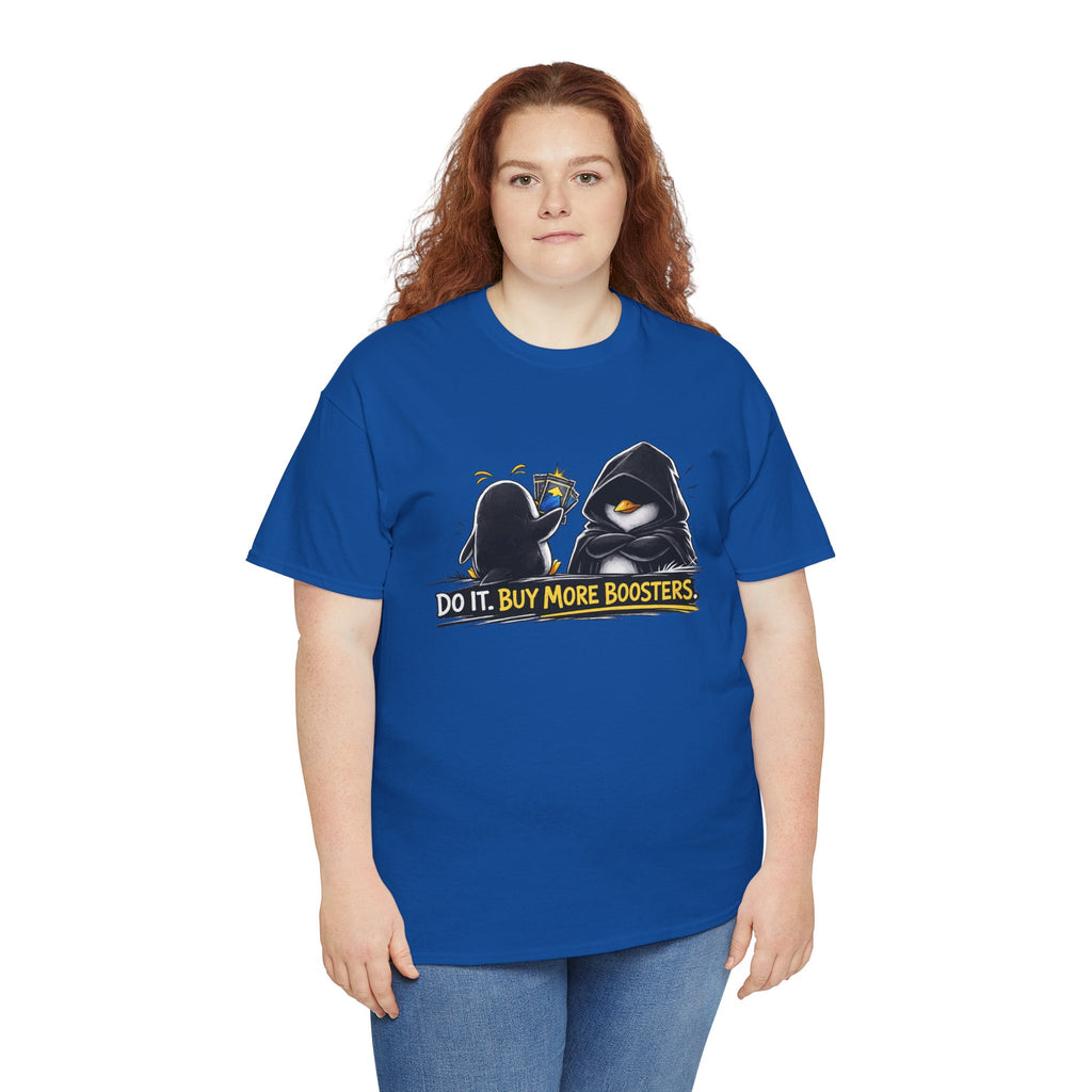 Person wearing a blue t-shirt with a graphic design and text on a white background