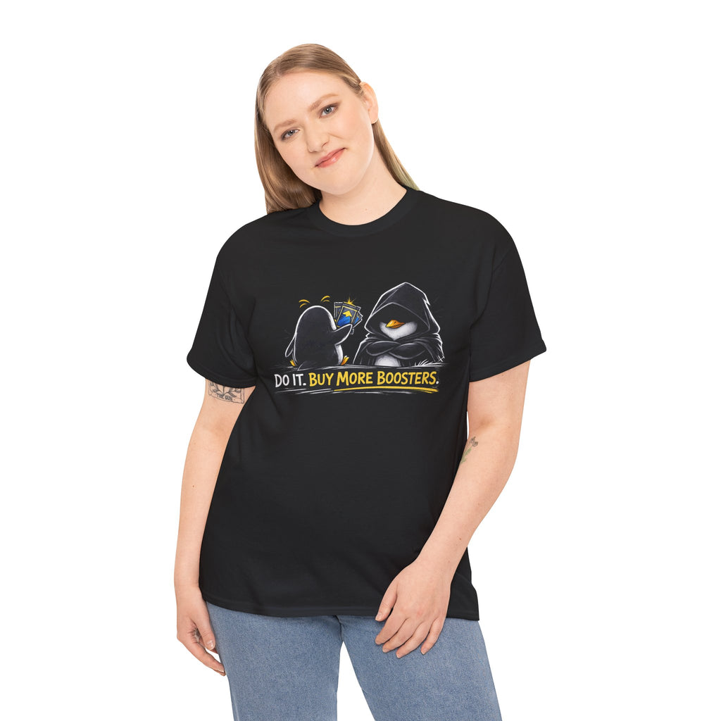 Person wearing a navy blue t-shirt with a wolf graphic design on a white background